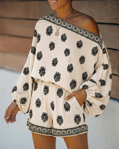 Effortless Boho Embroidered Two Piece Set for Women with Off Shoulder Batwing Sleeve Relaxed Casual Style