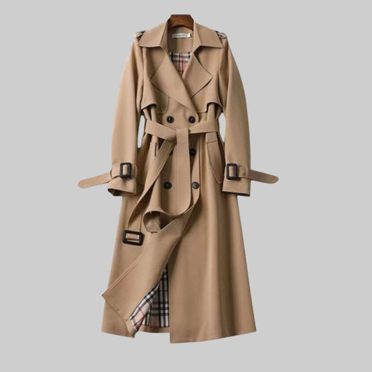 Elegant Belted Trench Coat for Women with Notch Lapel Long Sleeve Double Breasted Plaid Lined Casual Style