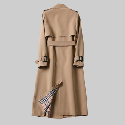 Elegant Belted Trench Coat for Women with Notch Lapel Long Sleeve Double Breasted Plaid Lined Casual Style