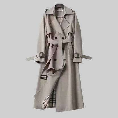 Elegant Belted Trench Coat for Women with Notch Lapel Long Sleeve Double Breasted Plaid Lined Casual Style