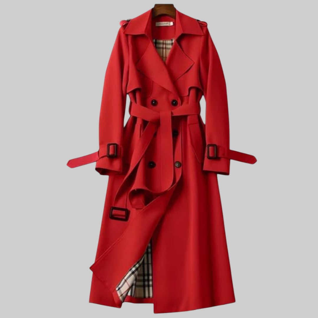Elegant Belted Trench Coat for Women with Notch Lapel Long Sleeve Double Breasted Plaid Lined Casual Style