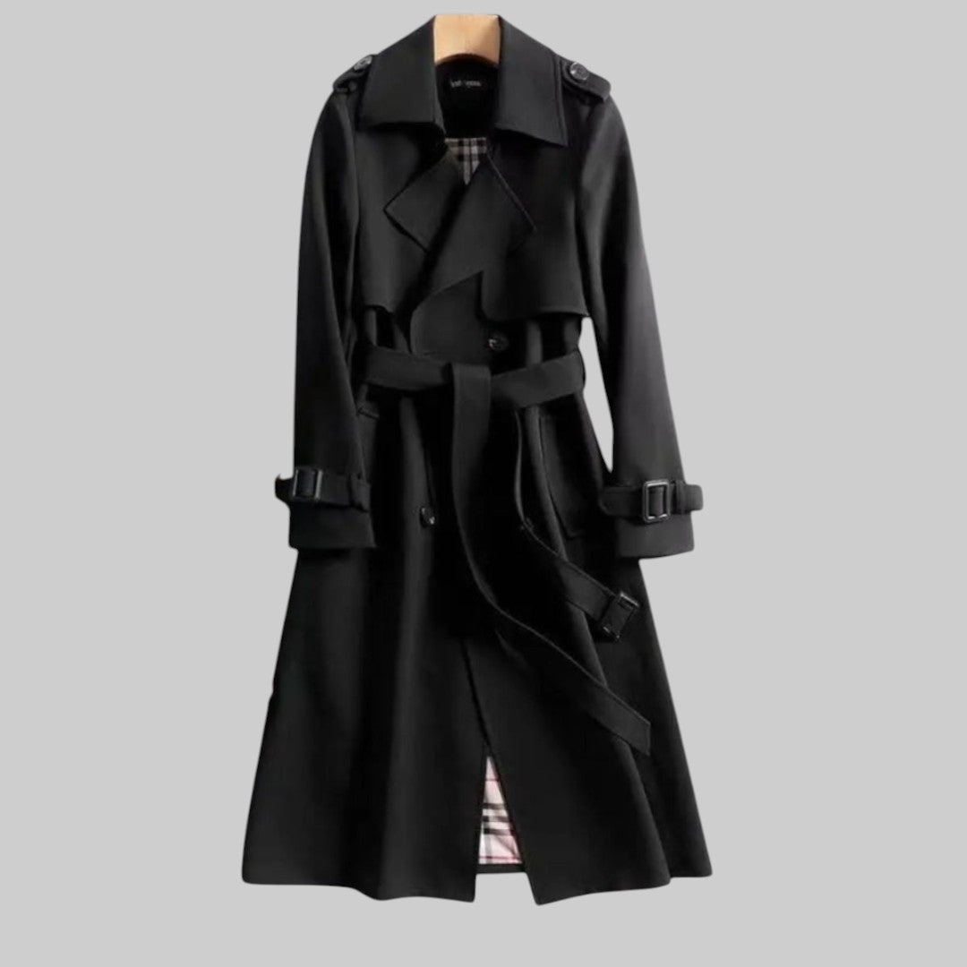 Elegant Belted Trench Coat for Women with Notch Lapel Long Sleeve Double Breasted Plaid Lined Casual Style