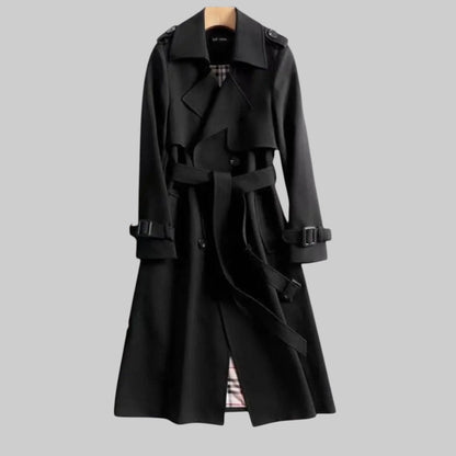 Elegant Belted Trench Coat for Women with Notch Lapel Long Sleeve Double Breasted Plaid Lined Casual Style