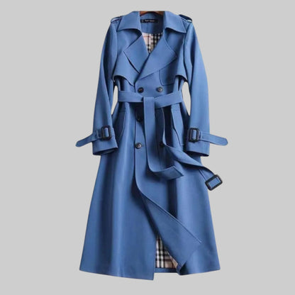Elegant Belted Trench Coat for Women with Notch Lapel Long Sleeve Double Breasted Plaid Lined Casual Style