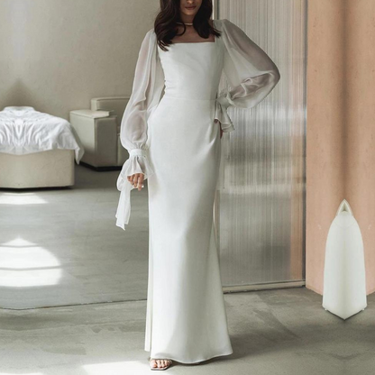 Elegant White Maxi Dress for Women with Square Neck Bishop Sleeve Fitted Column Style