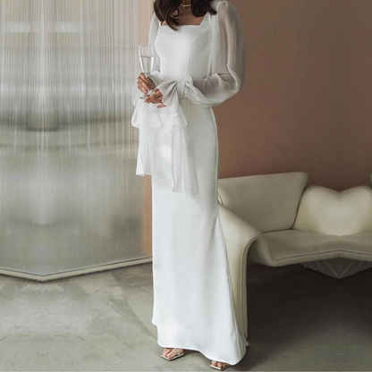 Elegant White Maxi Dress for Women with Square Neck Bishop Sleeve Fitted Column Style