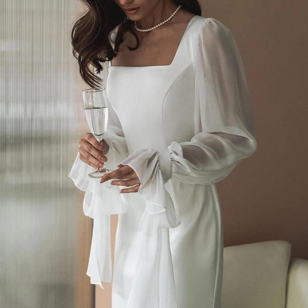 Elegant White Maxi Dress for Women with Square Neck Bishop Sleeve Fitted Column Style