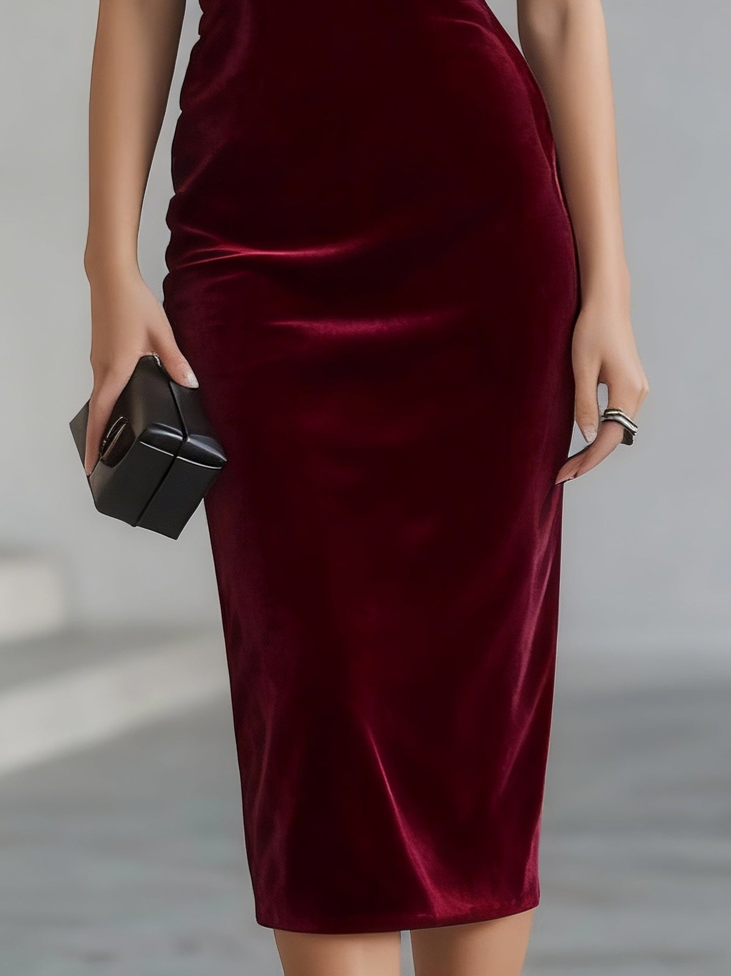Elegant Burgundy Velvet Midi Dress for Women with Illusion Neck Cap Sleeve Bow Detail Bodycon Cocktail Style