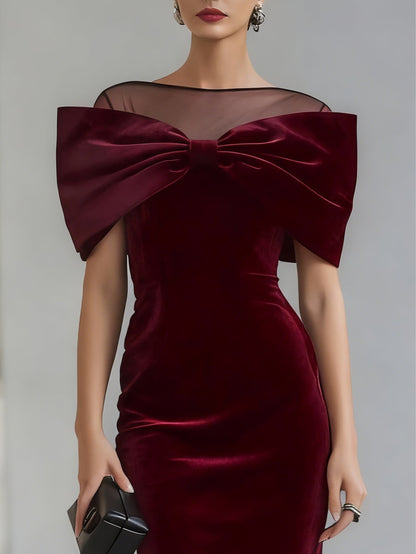 Elegant Burgundy Velvet Midi Dress for Women with Illusion Neck Cap Sleeve Bow Detail Bodycon Cocktail Style