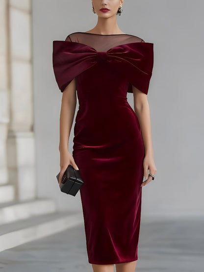 Elegant Burgundy Velvet Midi Dress for Women with Illusion Neck Cap Sleeve Bow Detail Bodycon Cocktail Style