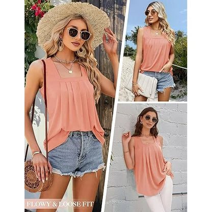 Effortless Pleated Blouse for Women with Square Neck Sleeveless Relaxed Flowing Tank Style