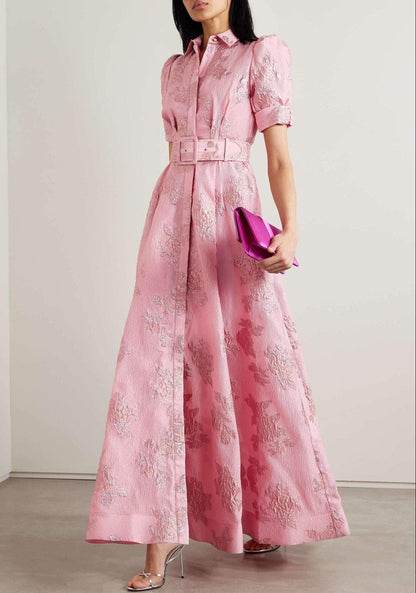 Elegant Pink Jacquard Maxi Dress for Women with Collar Puff Sleeve Belted A Line Formal Wedding Guest Style