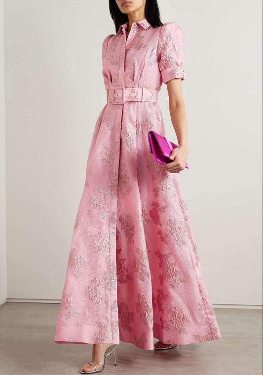 Elegant Pink Jacquard Maxi Dress for Women with Collar Puff Sleeve Belted A Line Formal Wedding Guest Style