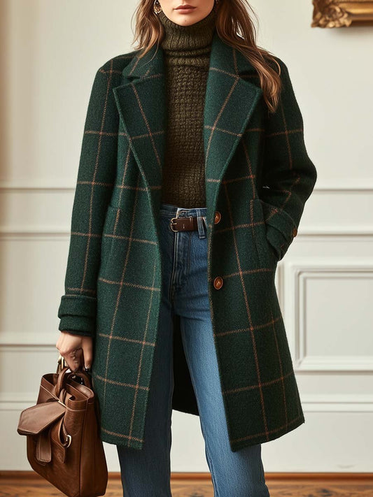 Elegant Dark Green Plaid Wool Coat for Women with Notched Lapel Long Sleeve Button Front Relaxed Style