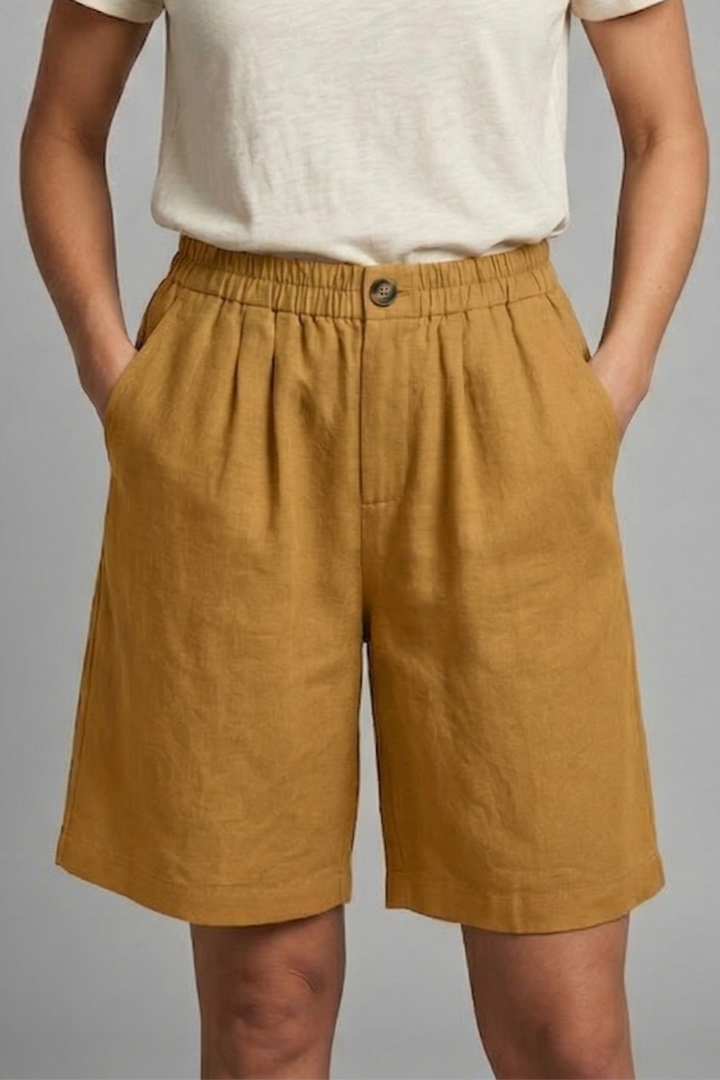 Effortless Linen Bermuda Shorts for Women with High Waist Button Front Relaxed Casual Style