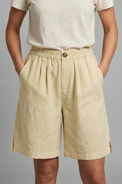 Effortless Linen Bermuda Shorts for Women with High Waist Button Front Relaxed Casual Style