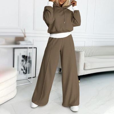 Effortless Fleece Wide Leg Set for Women with Cropped Hoodie Drawstring Relaxed Two Piece Style