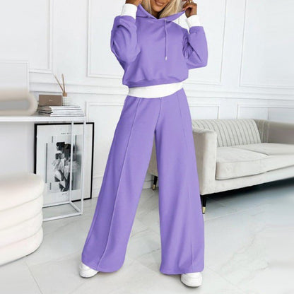 Effortless Fleece Wide Leg Set for Women with Cropped Hoodie Drawstring Relaxed Two Piece Style
