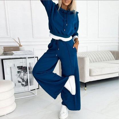 Effortless Fleece Wide Leg Set for Women with Cropped Hoodie Drawstring Relaxed Two Piece Style