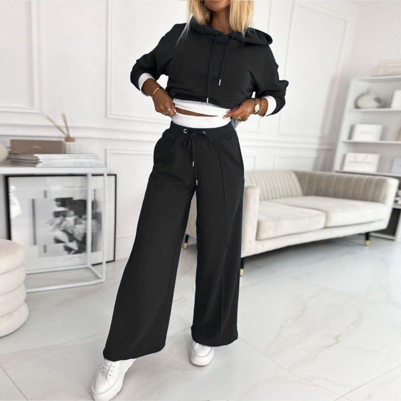 Effortless Fleece Wide Leg Set for Women with Cropped Hoodie Drawstring Relaxed Two Piece Style