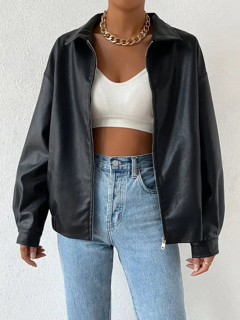 Elegant Black Faux Leather Jacket for Women with Collar Zip Front Oversized Relaxed Style