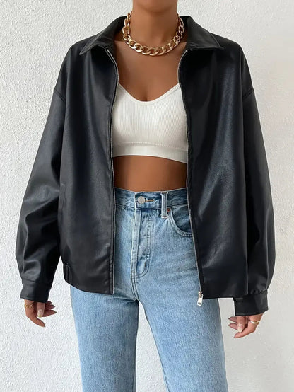 Elegant Black Faux Leather Jacket for Women with Collar Zip Front Oversized Relaxed Style
