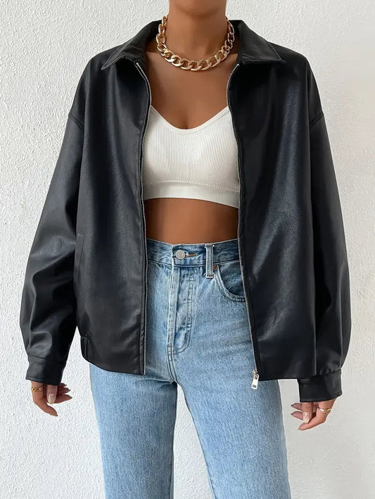 Elegant Black Faux Leather Jacket for Women with Collar Zip Front Oversized Relaxed Style