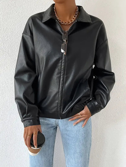 Elegant Black Faux Leather Jacket for Women with Collar Zip Front Oversized Relaxed Style