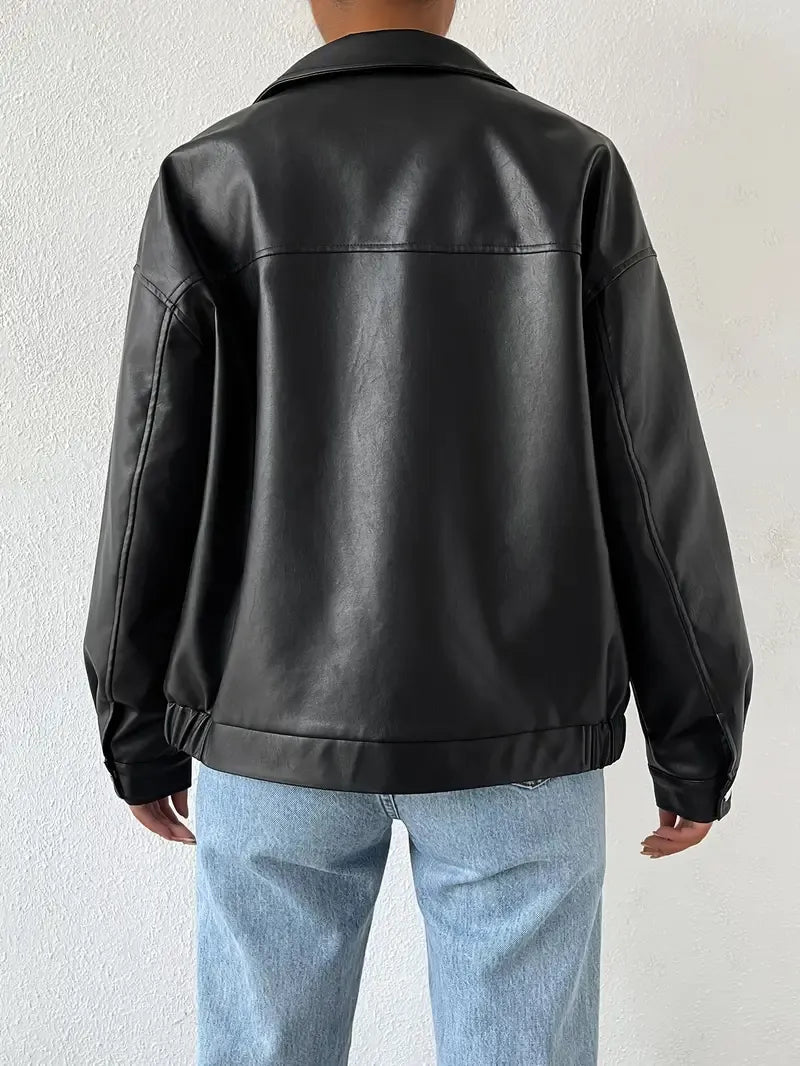 Elegant Black Faux Leather Jacket for Women with Collar Zip Front Oversized Relaxed Style