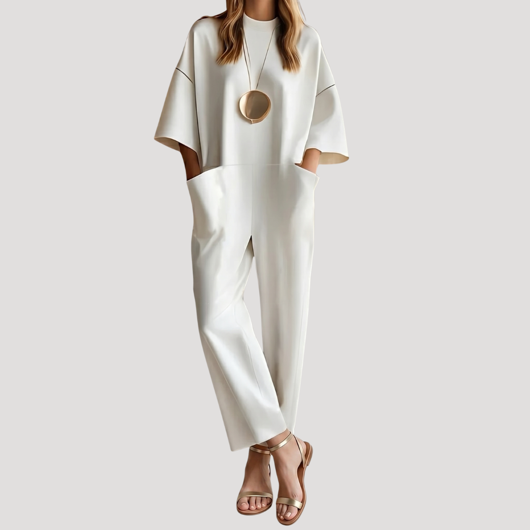Effortless Wide Leg Jumpsuit for Women with Mock Neck Half Sleeve Oversized Pocket Relaxed Style