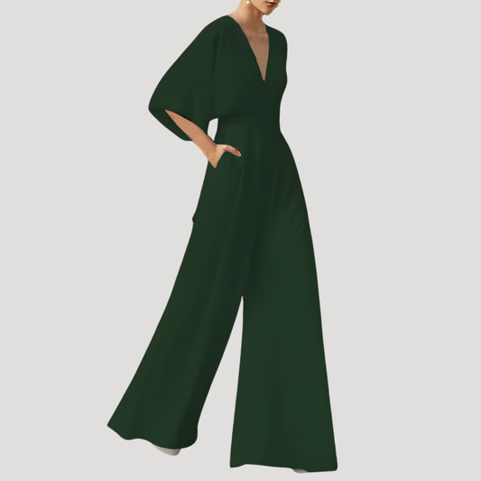 Elegant Wide Leg Jumpsuit for Women with V Neck Flutter Sleeve Fitted Waist Flowing Style