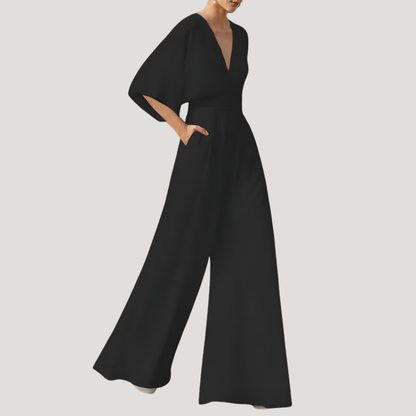 Elegant Wide Leg Jumpsuit for Women with V Neck Flutter Sleeve Fitted Waist Flowing Style