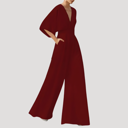 Elegant Wide Leg Jumpsuit for Women with V Neck Flutter Sleeve Fitted Waist Flowing Style