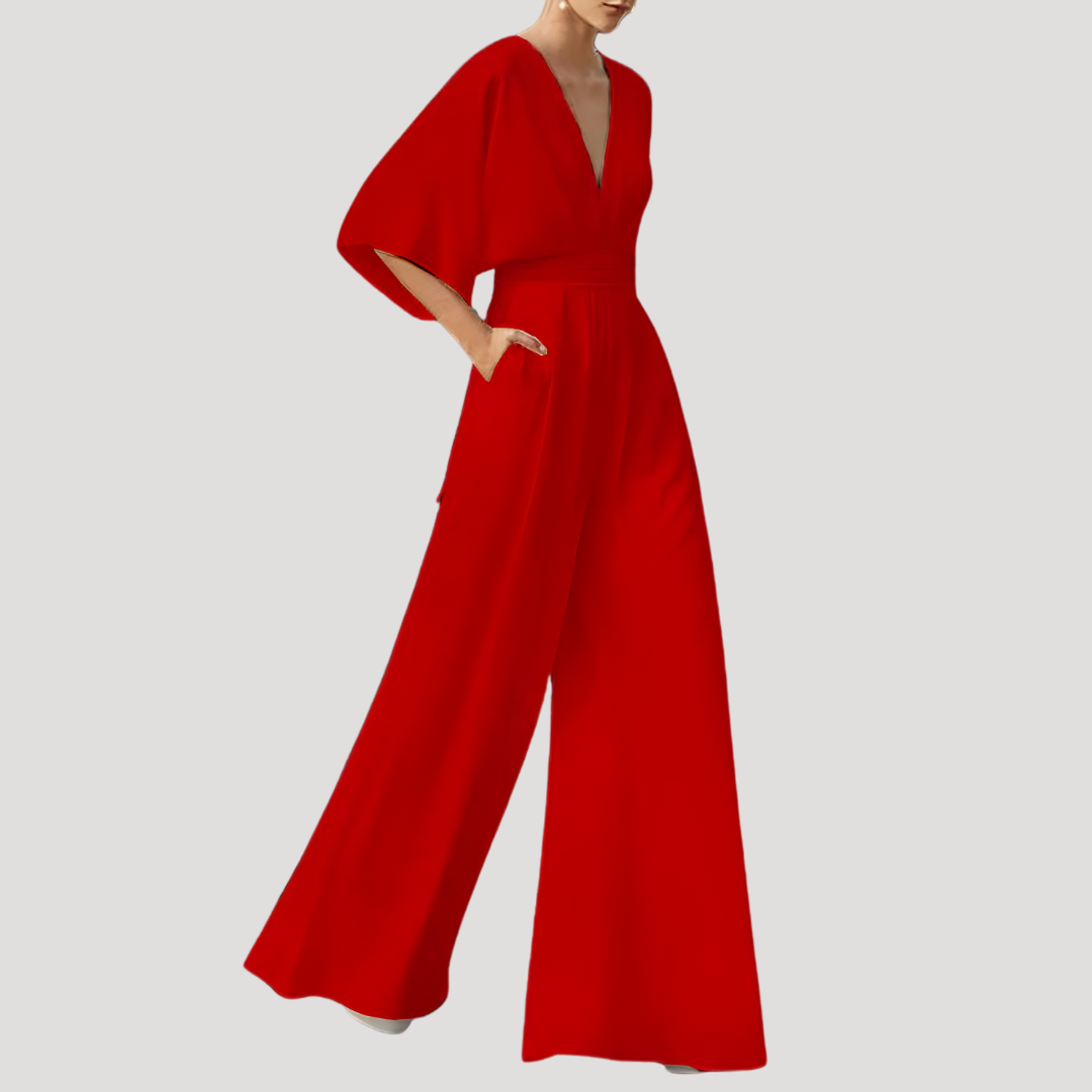 Elegant Wide Leg Jumpsuit for Women with V Neck Flutter Sleeve Fitted Waist Flowing Style