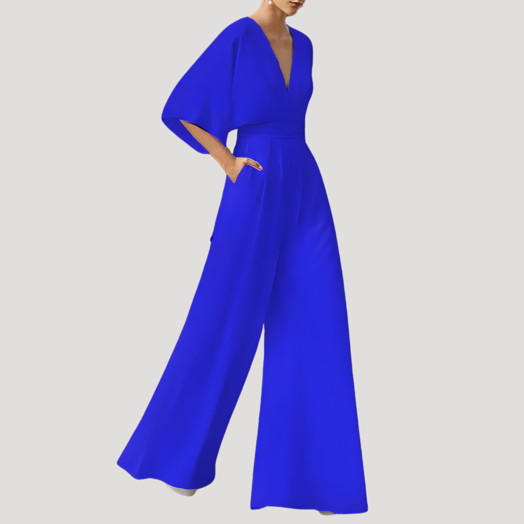 Elegant Wide Leg Jumpsuit for Women with V Neck Flutter Sleeve Fitted Waist Flowing Style