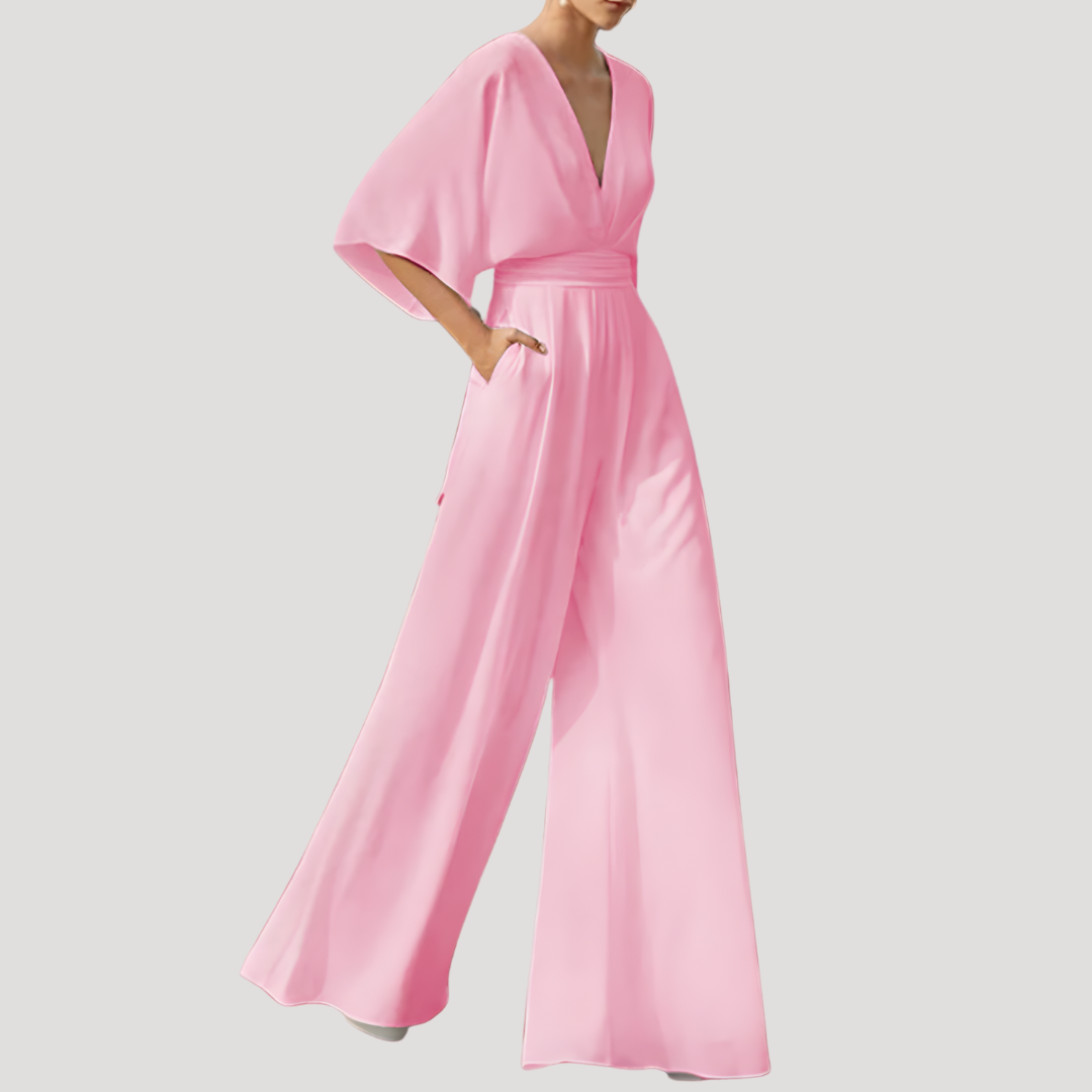 Elegant Wide Leg Jumpsuit for Women with V Neck Flutter Sleeve Fitted Waist Flowing Style