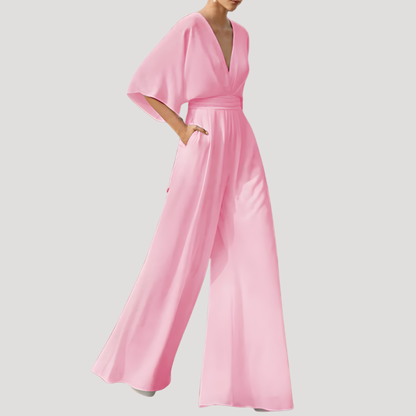 Elegant Wide Leg Jumpsuit for Women with V Neck Flutter Sleeve Fitted Waist Flowing Style