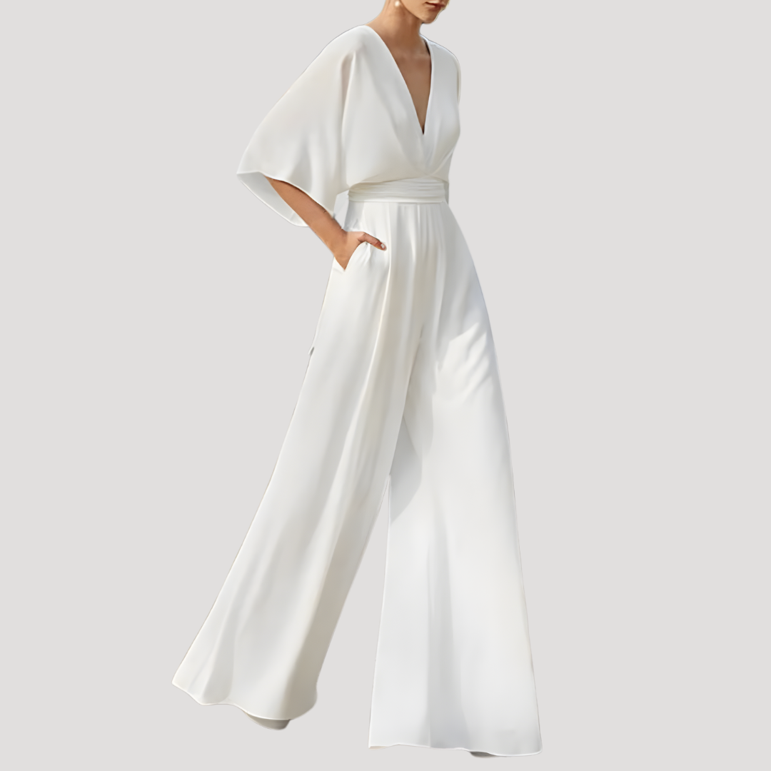 Elegant Wide Leg Jumpsuit for Women with V Neck Flutter Sleeve Fitted Waist Flowing Style
