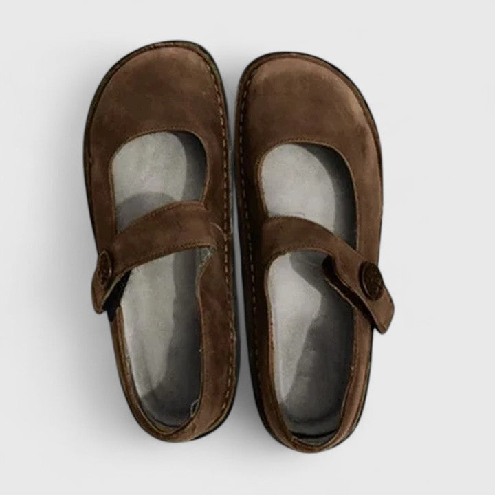 Comfortable Leather Mary Jane Flats for Women with Round Toe Buckle Strap Stitched Sole Casual Style