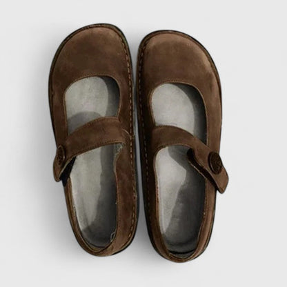 Comfortable Leather Mary Jane Flats for Women with Round Toe Buckle Strap Stitched Sole Casual Style