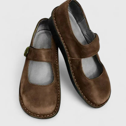 Comfortable Leather Mary Jane Flats for Women with Round Toe Buckle Strap Stitched Sole Casual Style