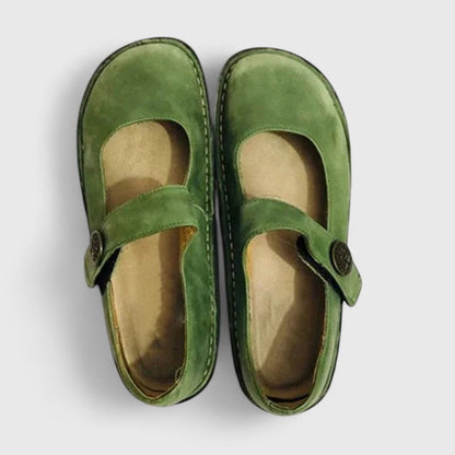 Comfortable Leather Mary Jane Flats for Women with Round Toe Buckle Strap Stitched Sole Casual Style