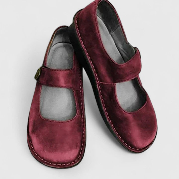 Comfortable Leather Mary Jane Flats for Women with Round Toe Buckle Strap Stitched Sole Casual Style