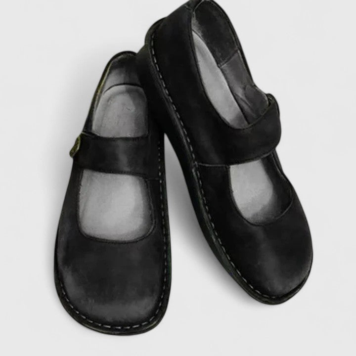Comfortable Leather Mary Jane Flats for Women with Round Toe Buckle Strap Stitched Sole Casual Style
