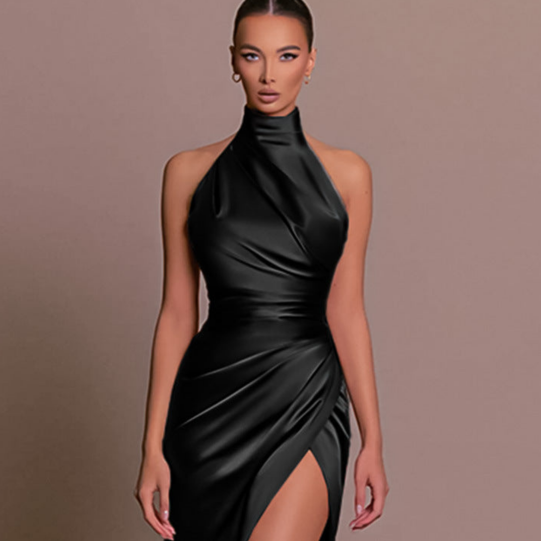 Elegant Satin Mini Dress for Women with Halter Neck Sleeveless Ruched Draped Bodycon Style
