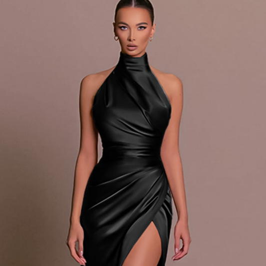 Elegant Satin Mini Dress for Women with Halter Neck Sleeveless Ruched Draped Bodycon Style