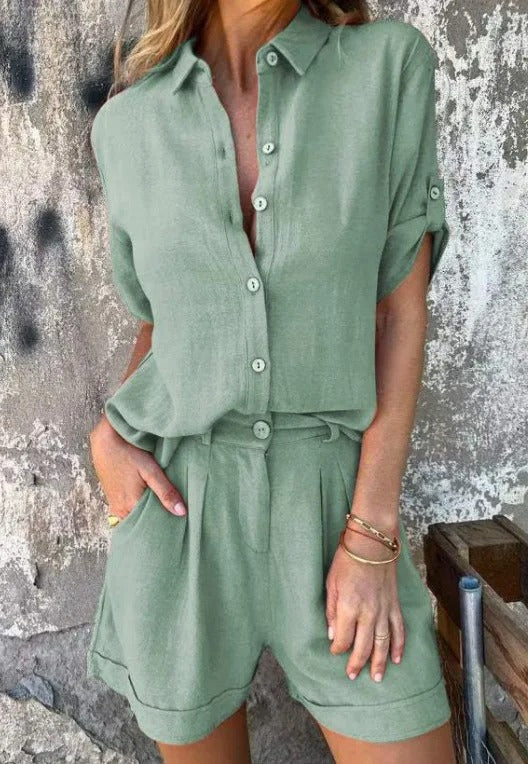 Effortless Linen Two Piece Set for Women with Collar Button Front Half Sleeve Pleated Shorts Casual Style