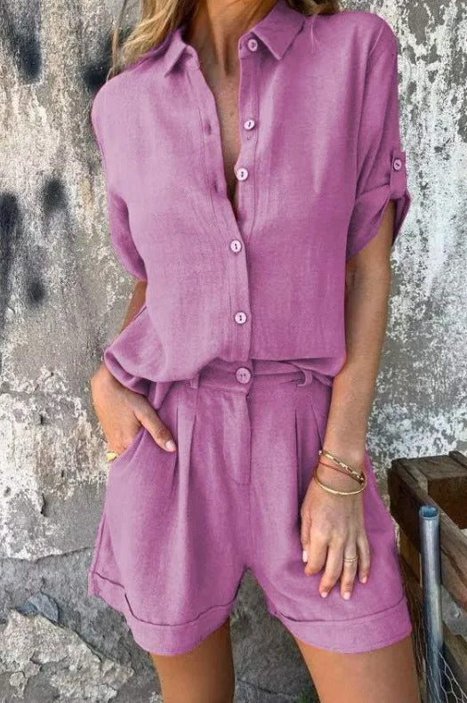 Effortless Linen Two Piece Set for Women with Collar Button Front Half Sleeve Pleated Shorts Casual Style