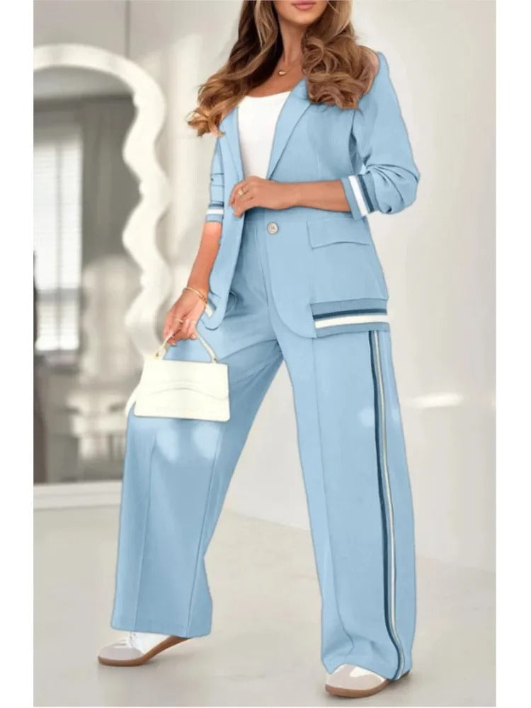 Elegant Striped Two Piece Set for Women with Notched Lapel Blazer Wide Leg Pant Office Style