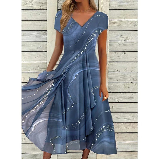 Elegant Marble Sequin Midi Dress for Women with V Neck Cap Sleeve Asymmetric Draped Ruffle Cocktail Style